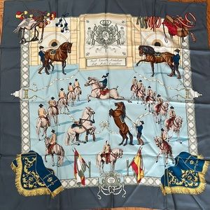 Hermes 90cm 90 Escuela Andalusia Silk Scarf Blue & Teal Equestre Equestr…